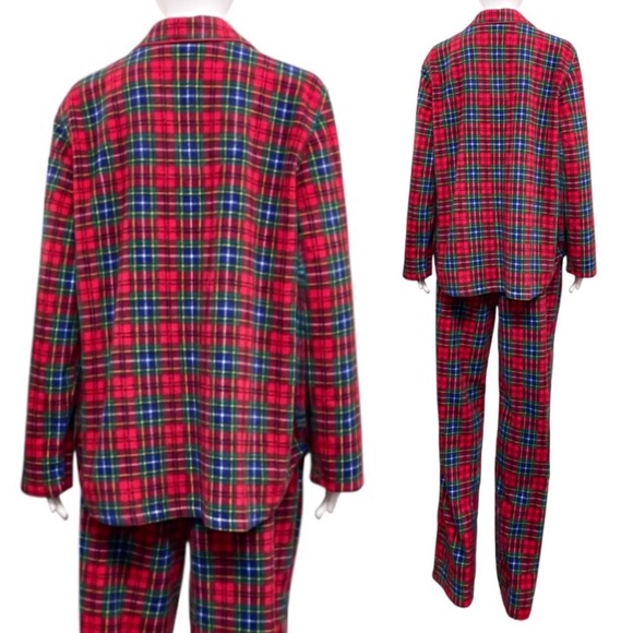 Lauren Ralph Lauren Long Sleeve Notch Collar Red Plaid Fleece Pajama Set Size L - Picture 6 of 8